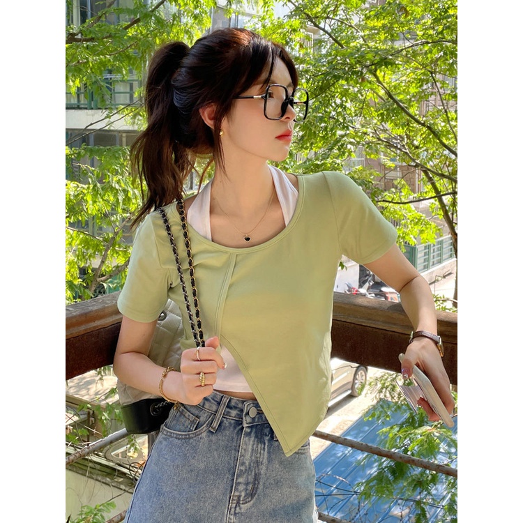 Áo Thun Ngắn Tay Giả Hai Lớp Plus Size Thời Trang Cho Nữ