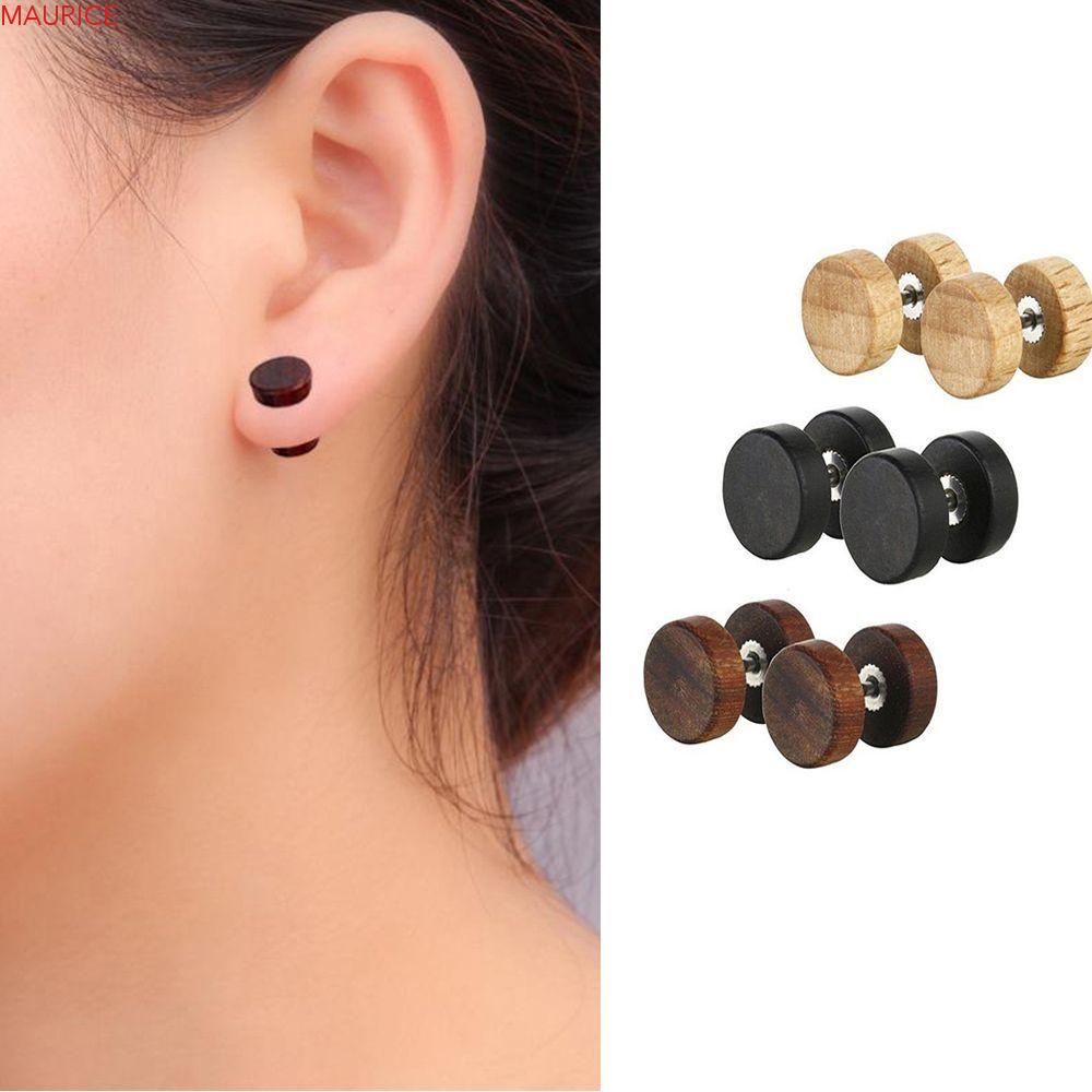 1 Cặp Khuyên Tai Quả Tạ Bằng Thép Không Gỉ Và Gỗ Tự Nhiên