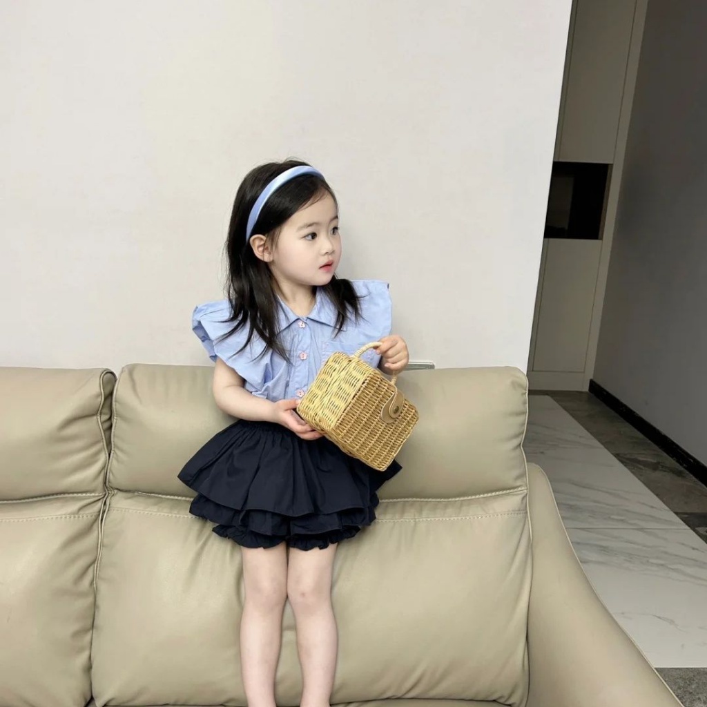 Bộ Áo Sơ Mi Không Tay + Quần Short Thời Trang Mùa Hè Hàn Quốc 2023 Mới Dành Cho Bé Gái