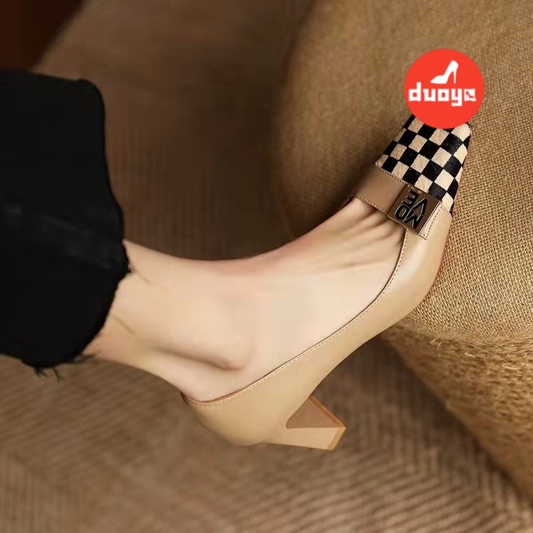 Duoya Giày Cao Gót Mũi Vuông Bằng Da Bóng Phối Khóa Vuông Thời Trang Cho Nữ Giày Cao Gót 6-8cm Da PU Mũi Vuông Miệng Nông Cá Tính