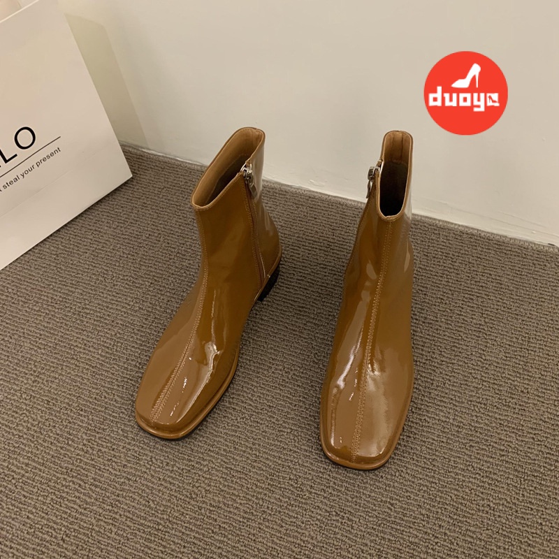 Duoya Tóc Thẳng ~ [Phong Cách Retro] Giày Bốt Martin Da Bóng Gót Vừa Dày Mũi Vuông Phong Cách Anh Quốc