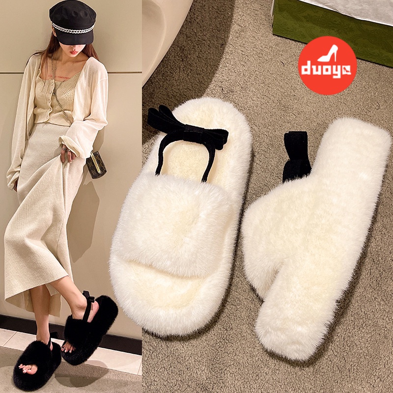 Duoya Tóc Thẳng ~ [Hàng Có Sẵn] Dép Bông Xù Dày Dặn Hở Ngón Quai Lông Cừu Thời Trang Mùa Đông Cho Nữ