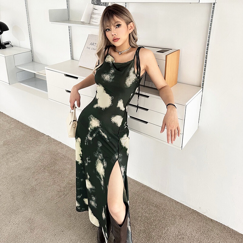 Kliou Đầm Maxi Hai Dây Dáng Ôm Xẻ Tà Cao In Họa Tiết Hoa Quyến Rũ Thời Trang 2023 Dành Cho Bạn Nữ