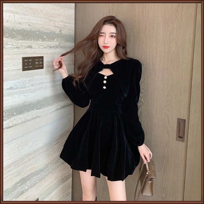 Đầm Nhung Dài Tay Cổ Chữ V Màu Trơn Dáng Chữ A Thời Trang Dành Cho Nữ