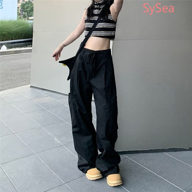 Plus Quần Dài Ống Rộng Phối Túi Phong Cách Retro Mỹ