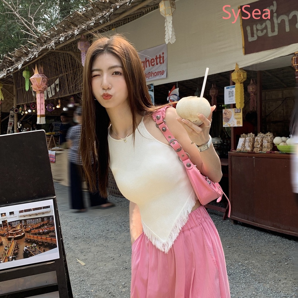 Áo Hai Dây Dệt Kim Ôm Dáng Phối Tua Rua Thời Trang Mùa Hè Cho Nữ