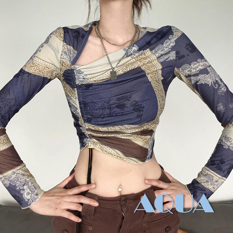 Áo Thun Crop Top Nữ Tay Dài Dáng Ôm In Họa Tiết Kiểu Retro Thời Trang Mùa Thu