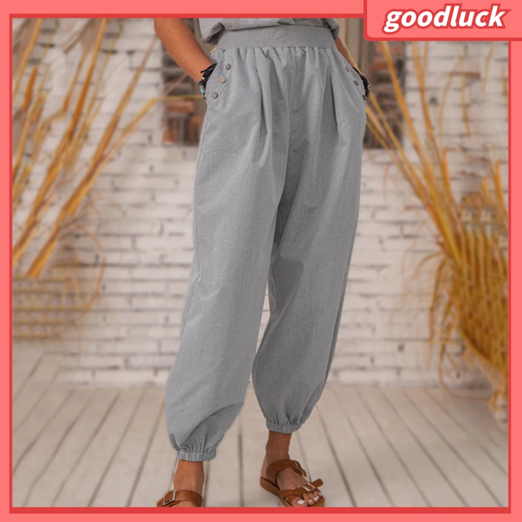 Quần Lửng Lưng Thun Màu Trơn Có Túi Đính Nút Trang Trí Đường Phố Cho Nữ