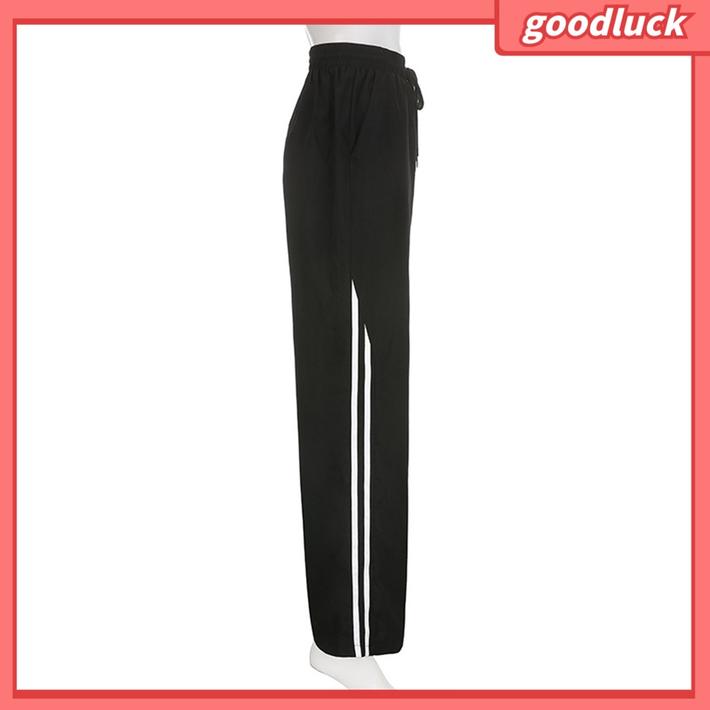 [ULK] Quần Thể Thao Ống Rộng Thẳng Lưng Cao Co Giãn Có Túi Bên Hông Kẻ Sọc Mùa Thu Đông Đường Phố Cho Nữ