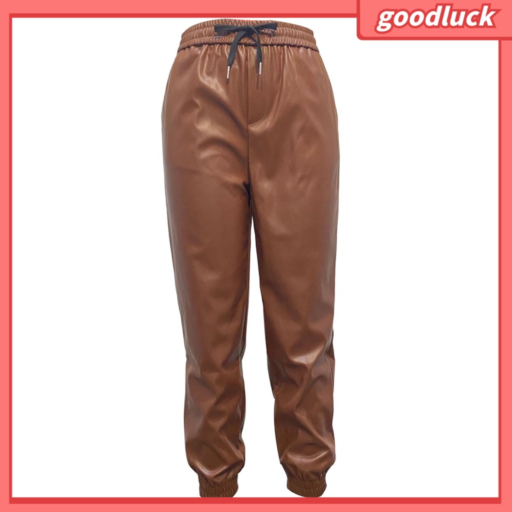 Quần Dài Giả Da Dáng Rộng Màu Trơn Phối Dây Rút Thời Trang Thu Đông Cho Nữ