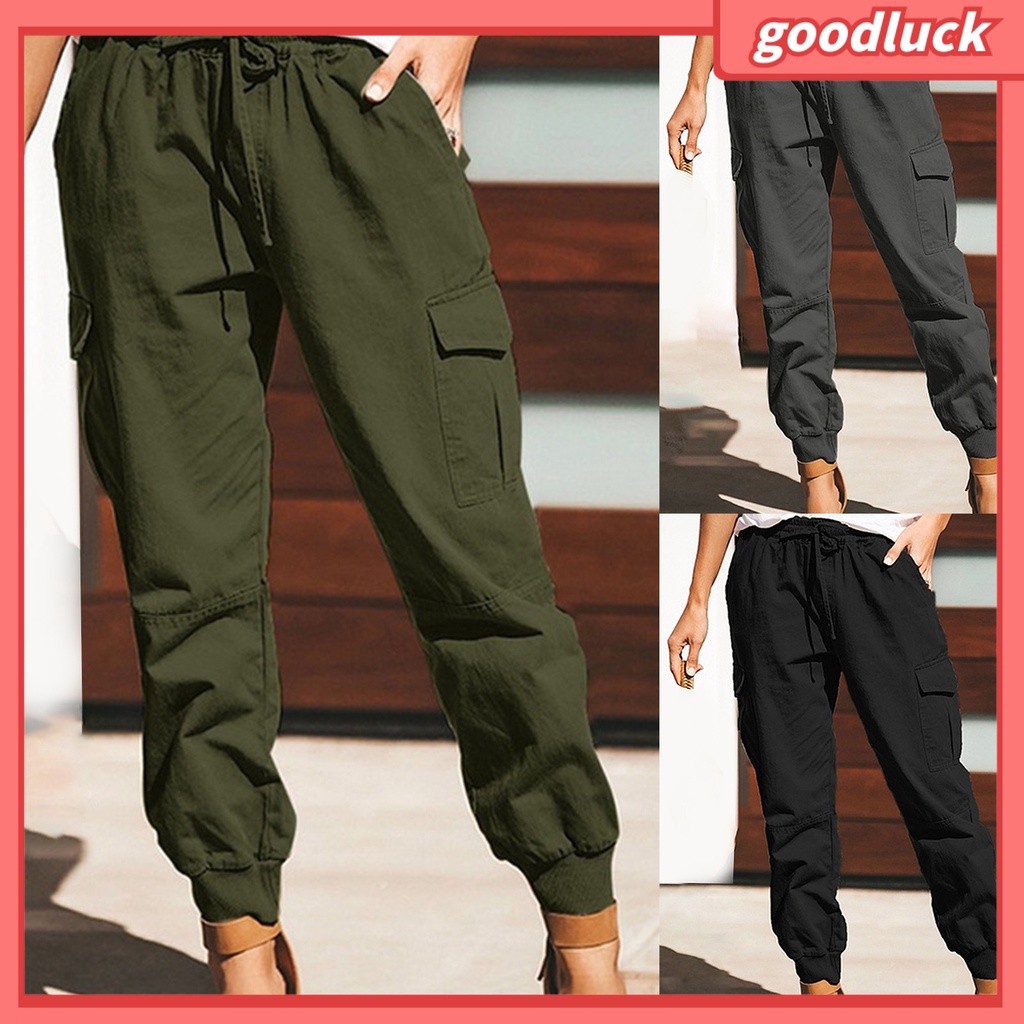 Quần Dài Lưng Thun Phối Dây Rút Nhiều Túi Phong Cách Đường Phố Cá Tính Cho Nữ