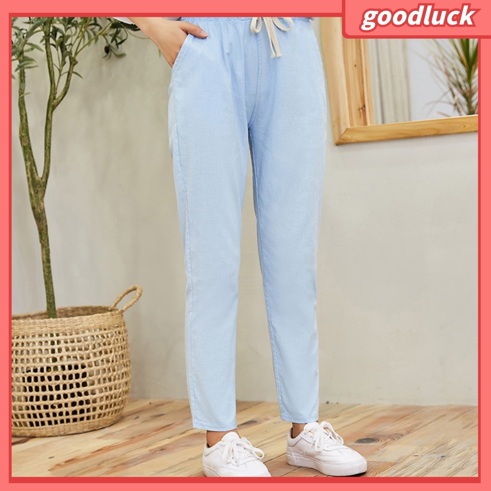 Quần Harem Vải Lanh Màu Trơn Dáng Rộng Có Túi Dây Rút Dành Cho Nữ