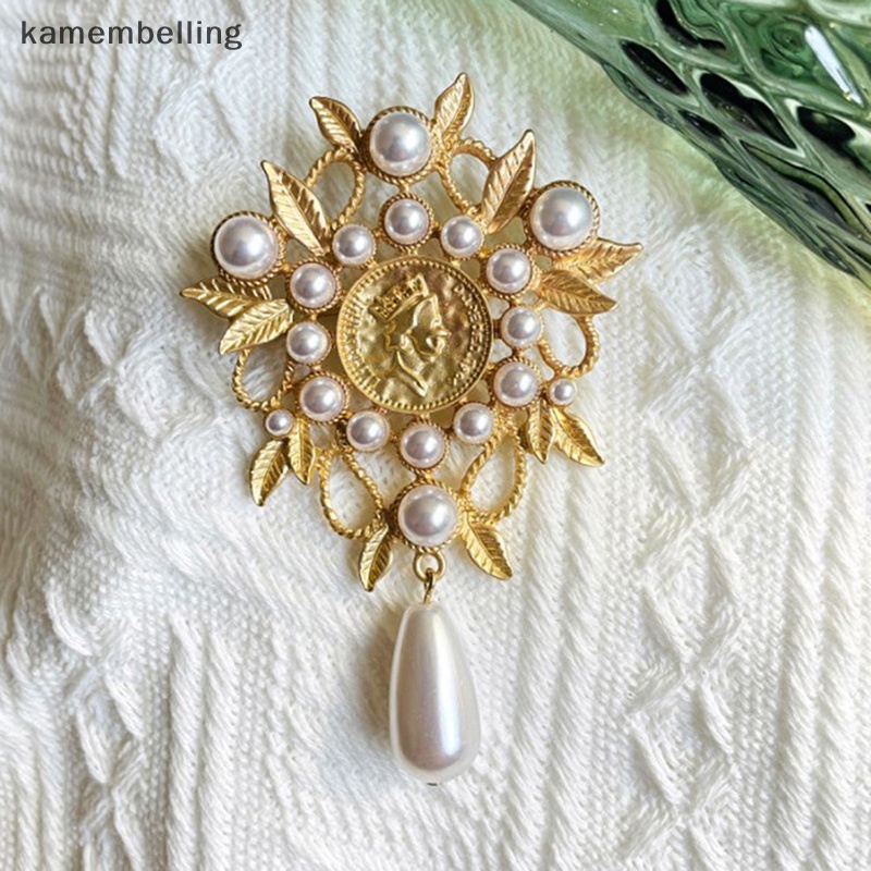 Ghim Cài Áo Hình Cành Lá Giọt Nước Ngọc Trai Màu Vàng Kim Phong Cách Baroque Cổ Điển