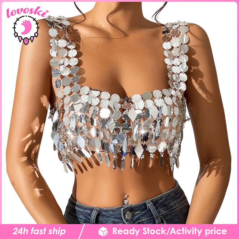 Áo Crop Top Đính Kim Sa Lấp Lánh Dành Cho Múa Bụng Lễ Hội