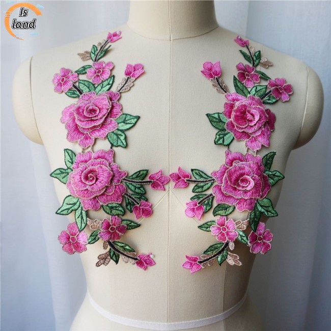 Set 2 Miếng Vải Ren Thêu Hoa Hồng 3D Dùng Để Trang Trí Áo Cưới