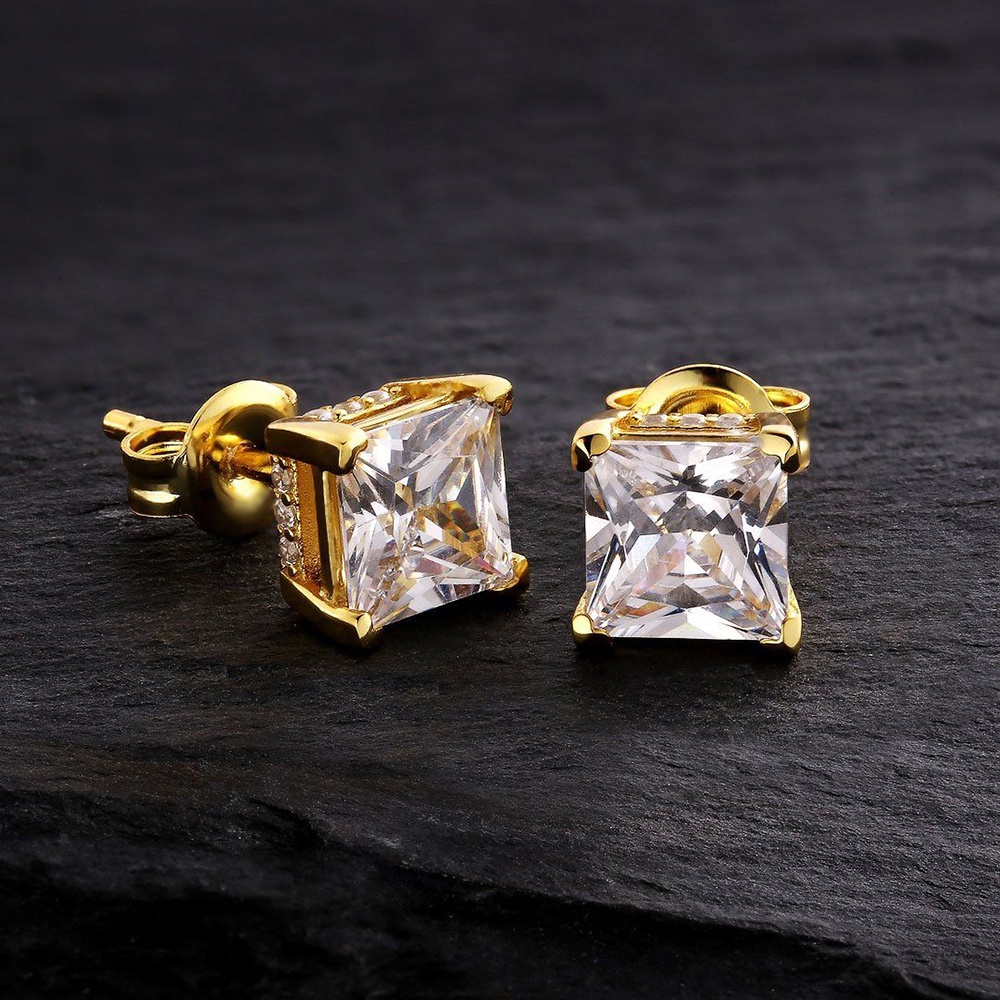 Bông Tai Pha Lê Hình Vuông 4 Móng Vuốt AAA + Cubic Zirconia Màu Vàng Kim OHE147 Phong Cách Hip Hop Cho Nam