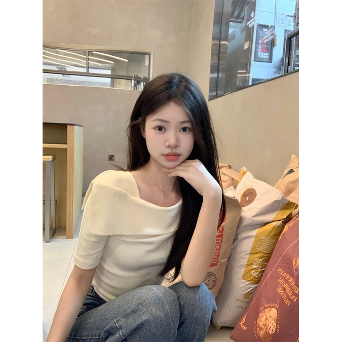 Áo Thun Dệt Kim Tay Ngắn Dáng Ôm Hở Vai Quyến Rũ Trẻ Trung Phong Cách Hàn Quốc
