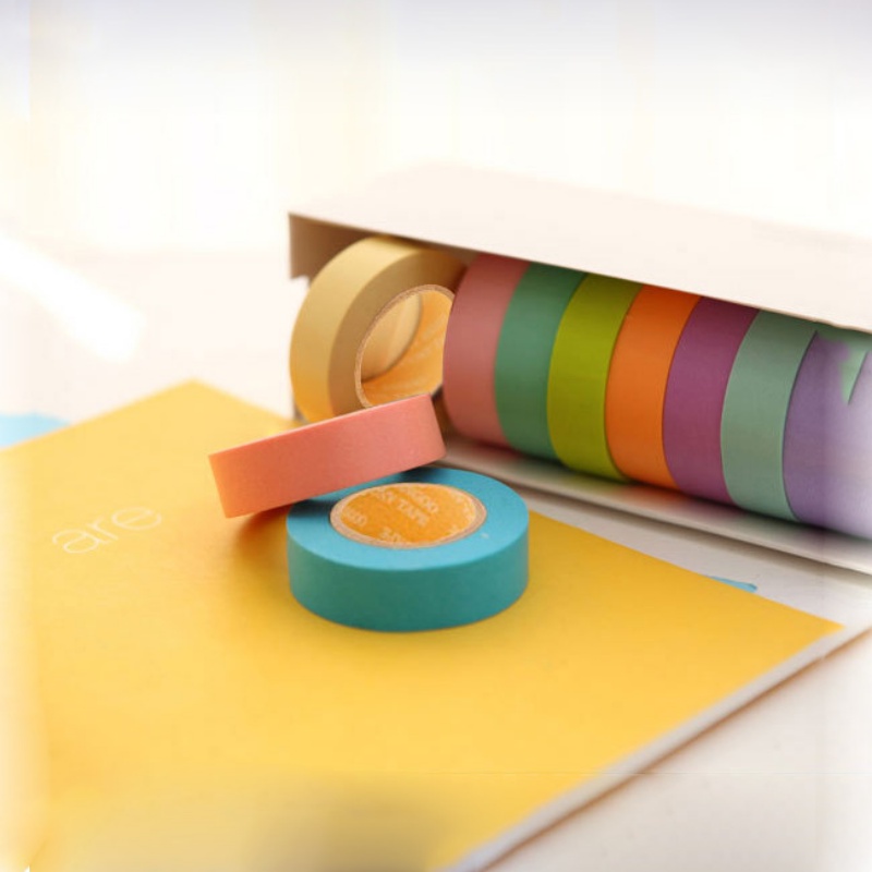 Set 10 Cuộn Băng Keo Giấy Washi Dài 10M Màu Kẹo Ngọt Có Thể Xé Ra
