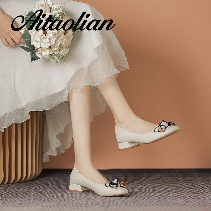 Giày Cao Gót 3cm Da Mềm Mũi Vuông Thắt Nơ Phong Cách retro Anh Quốc Thời Trang