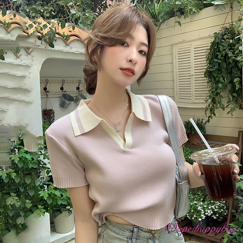 Áo Croptop Dệt Kim Tay Ngắn Cổ Bẻ Màu Sắc Tương Phản Thời Trang Cho Nữ