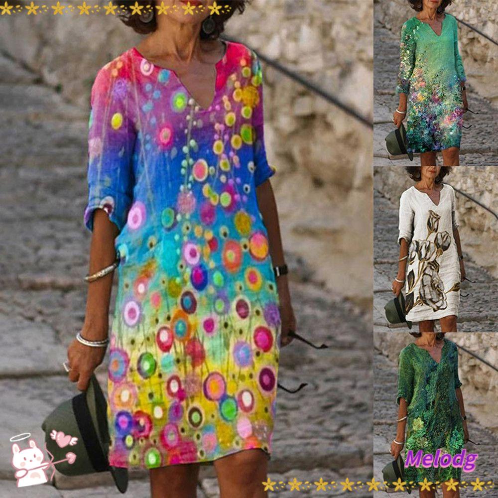 Đầm In Hoa Tay Lỡ 3 / 4 Thời Trang Mùa Hè Xinh Xắn Cho Nữ