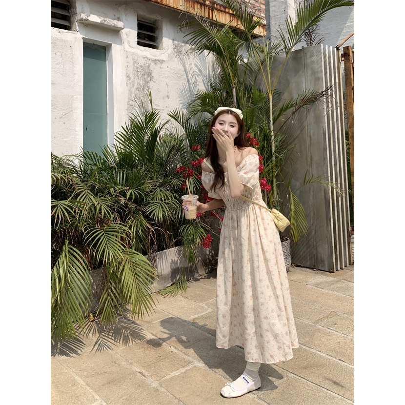 Đầm Dài Dáng Chữ a Tay Phồng Hở Vai In Họa Tiết Hoa Nhỏ Xinh Thời Trang Mùa Hè Phong Cách Hàn Quốc Cho