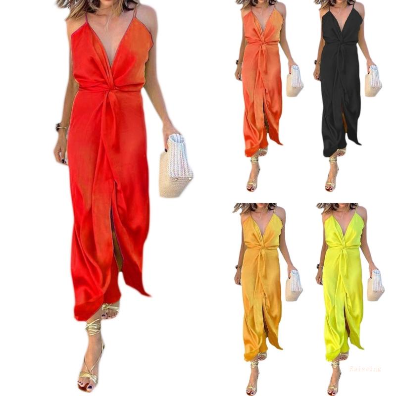 Đầm Hai Dây Cổ Chữ V Khoét Sâu Màu Trơn Hở Lưng Quyến Rũ Dành Cho Nữ