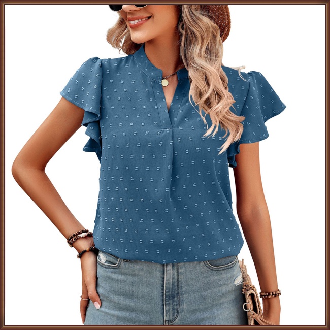 Áo Sơ Mi Chiffon Tay Ngắn Cổ Chữ V Phối Bèo Và Bóng Lông Màu Trơn Thời Trang Cho Nữ