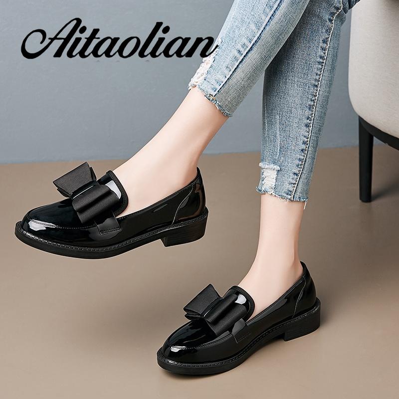 Giày Lười Da Bóng Gót Cao Vừa Màu Trơn Đơn Giản Phong Cách retro Cho Nữ