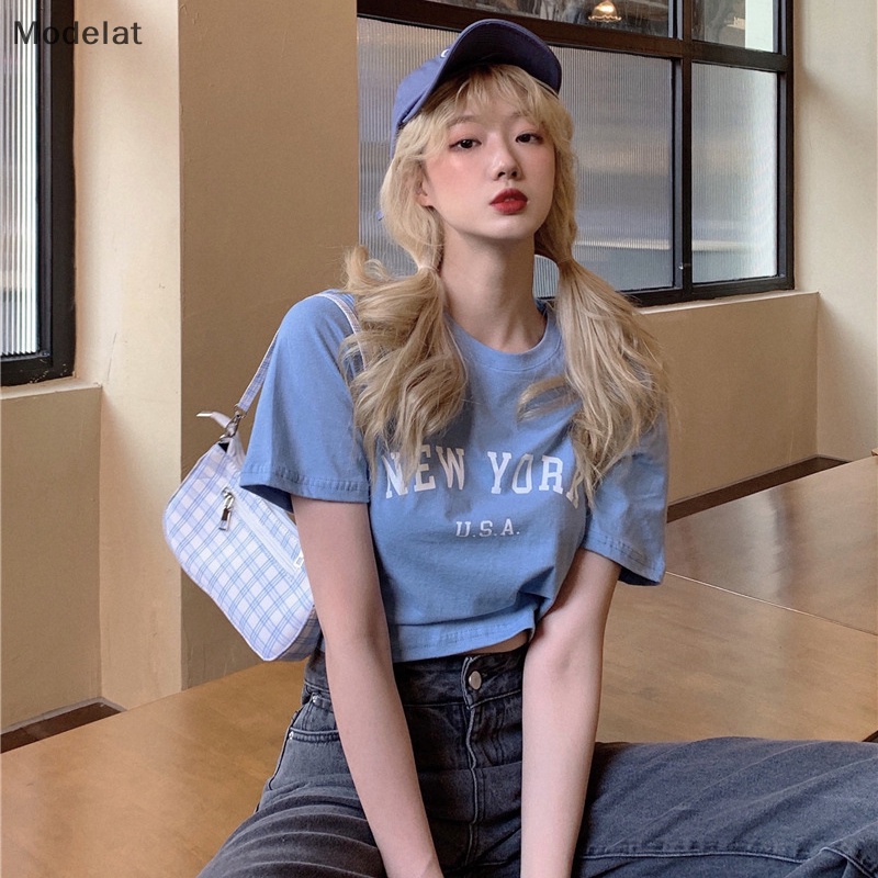 Áo Thun Crop Top Tay Ngắn Cổ Tròn In Chữ Thời Trang Mùa Hè Cho Nữ