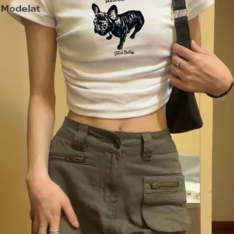 Áo Thun Crop Top Tay Ngắn Cổ Tròn In Hoạt Hình Chó Kiểu Retro Mỹ Thời Trang Mùa Hè Cho Bạn Gái
