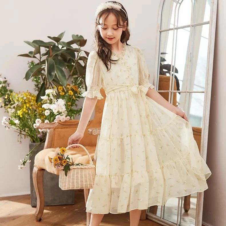 Đầm Chiffon Dáng Dài Tay Ngắn Thời Trang Mùa Hè Xinh Xắn Cho Bé Gái
