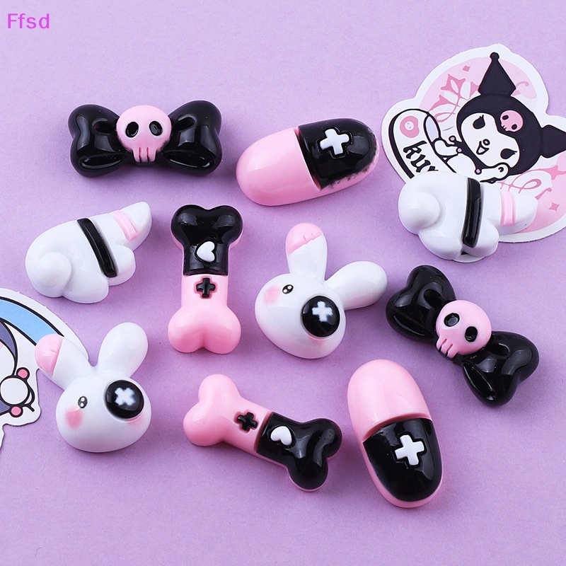 {Ffsd} Set 10 Phụ Kiện Trang Sức Hình Thỏ Hoạt Hình / Nơ / Xương Bóng Bằng Nhựa Resin / Keo Làm Đồ Trang Sức Thủ Công