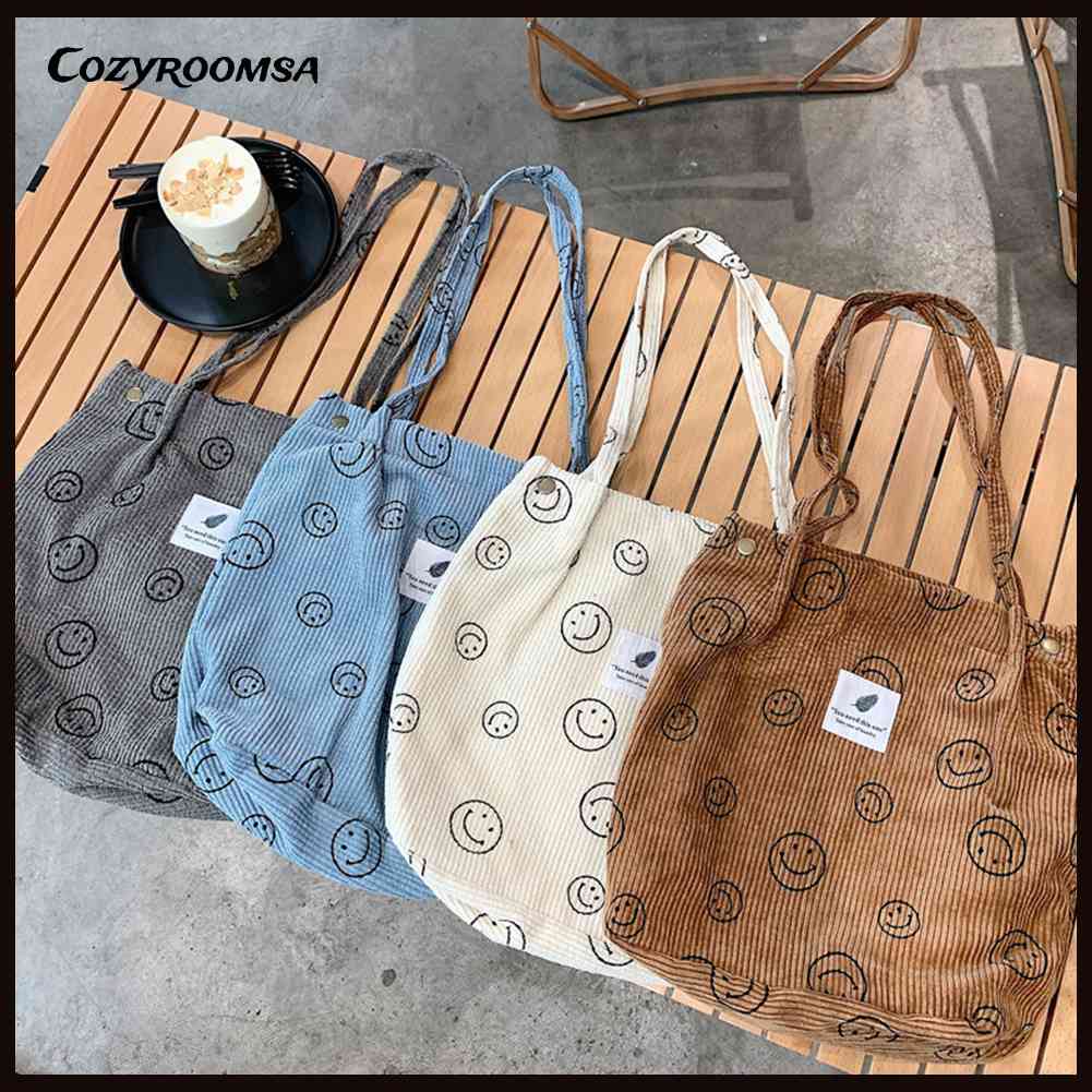 Túi Xách Tote Vải Nhung Kẻ Retro Hình Mặt Cười Dễ Thương Cho Nữ Sinh