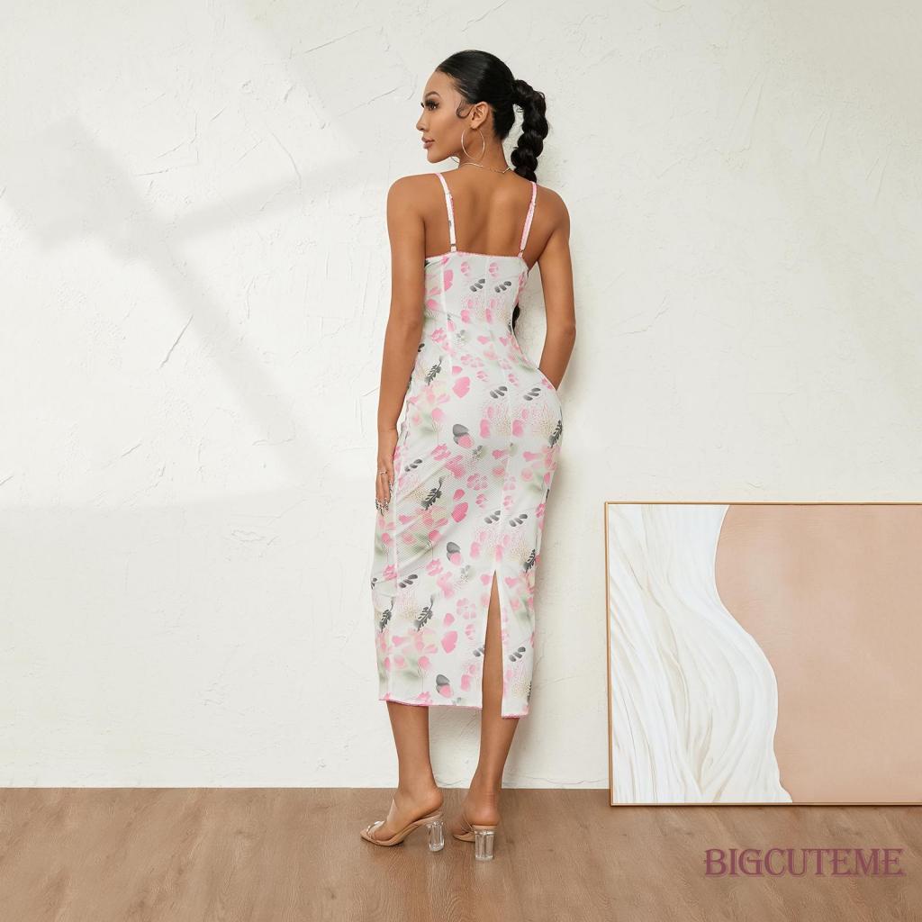 Đầm Midi Sát Nách Cổ Chữ V In Hoa Thời Trang Mùa Hè Cho Nữ