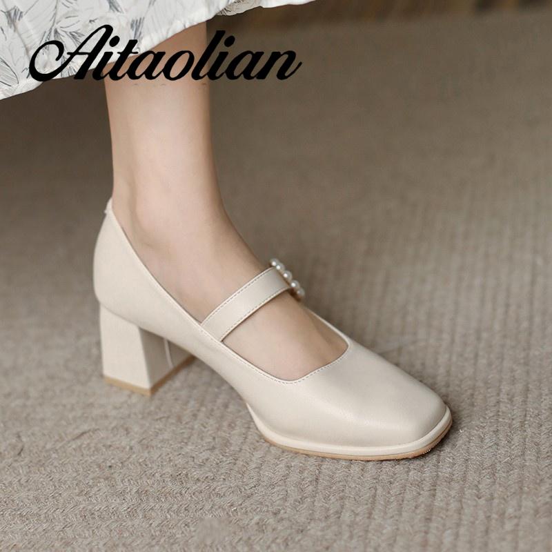 Giày Cao Gót 5Cm Da Mềm Mũi Vuông Đính Khóa Ngọc Trai Chống Trượt Phong Cách Anh Quốc