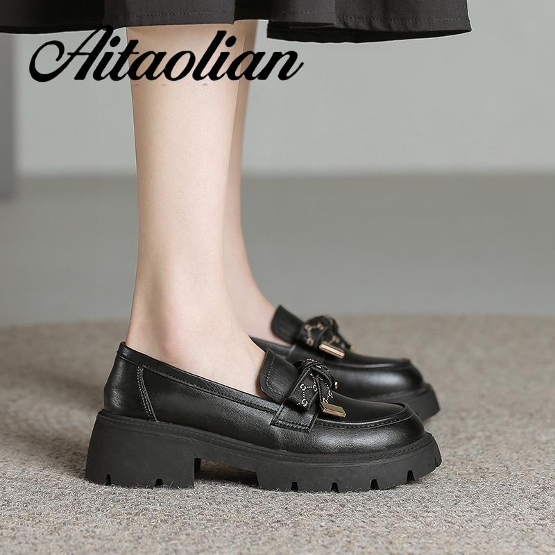 Giày Cao Gót 5cm Da Thật Mềm Đính Nơ Đơn Giản Phong Cách Anh Quốc Cho Nữ Thời Trang