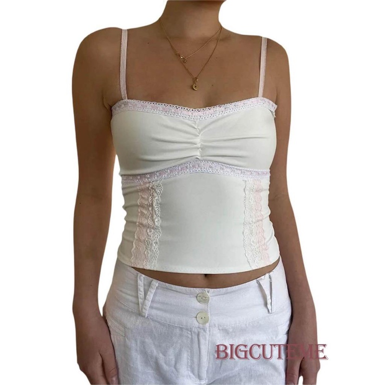 [] - Áo Crop Top Không Tay Phối Ren Màu Trắng Phong Cách Đường Phố Dự Tiệc Thường Ngày Cho Nữ