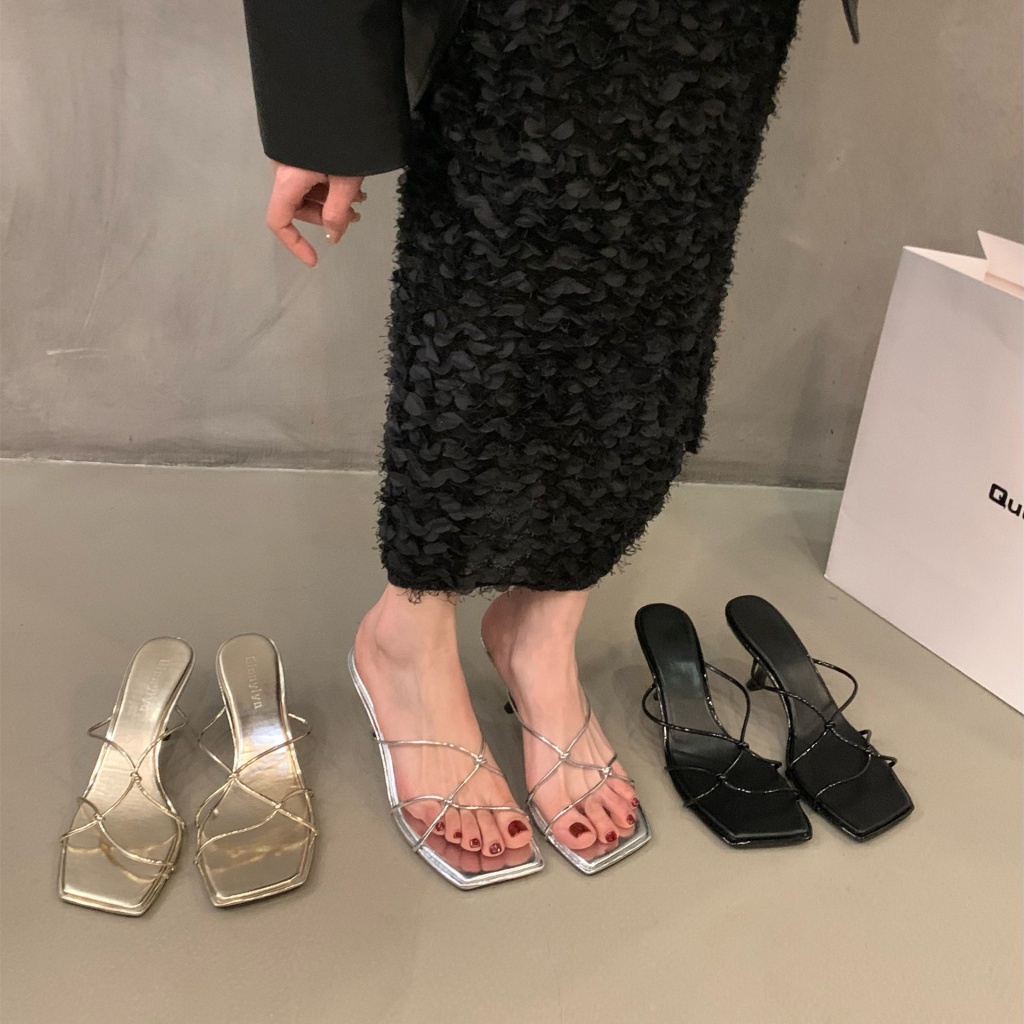 Duoya Tóc Thẳng ~ [Hàng Có Sẵn] Dép Sandal Cao Gót Màu Bạc Mang Ngoài Trời Thần Tiên Cao Cấp Miễn Phí Vận Chuyển