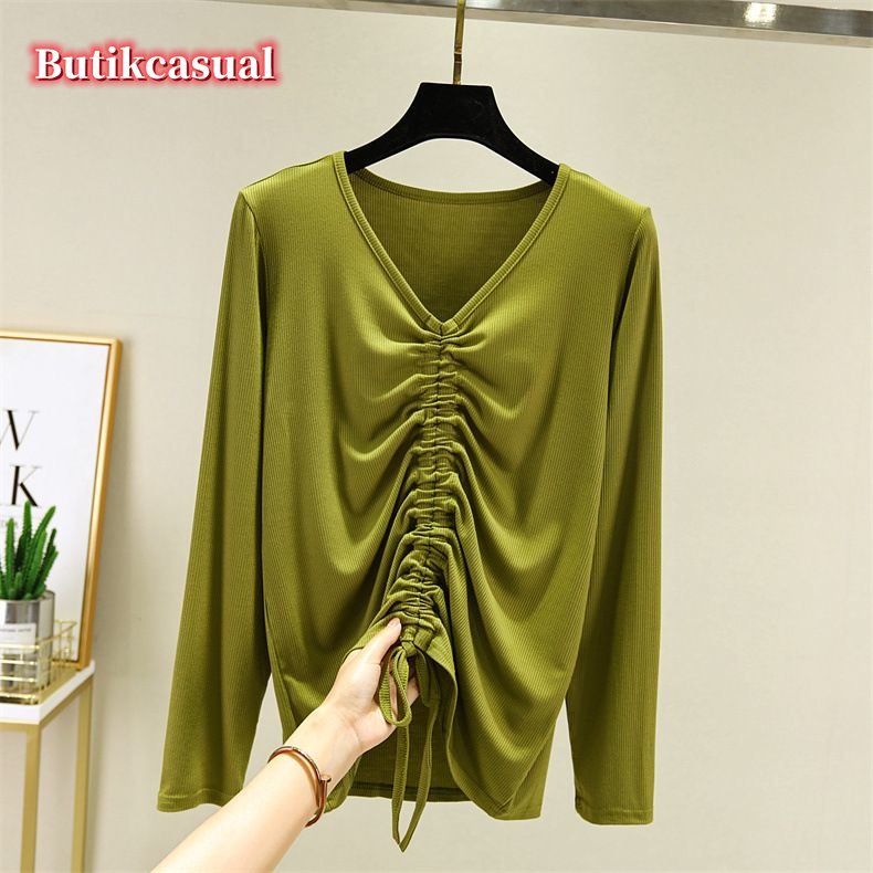 Áo Thun cotton Tay Dài Cổ Chữ v Dáng Rộng Màu Trơn Thời Trang Mùa Hè 2023 Cho Nữ