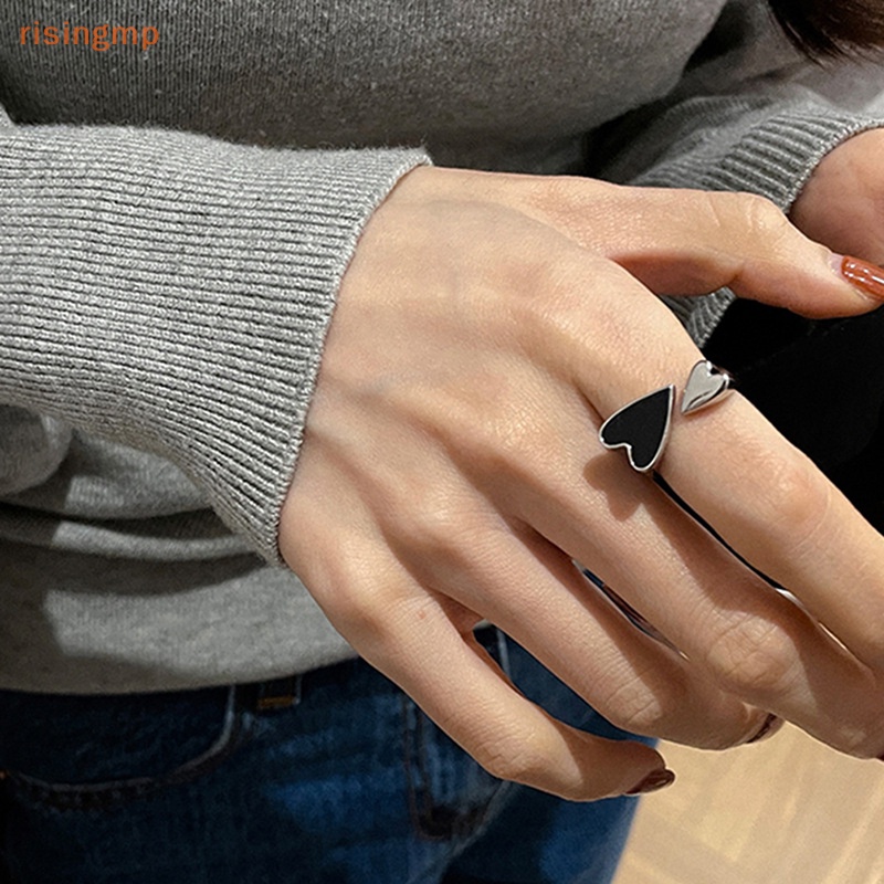 Nhẫn Kim Loại Dạng Mở Hình Trái Tim Hai Màu Đen Phong Cách Punk Tối Giản Cho Nữ