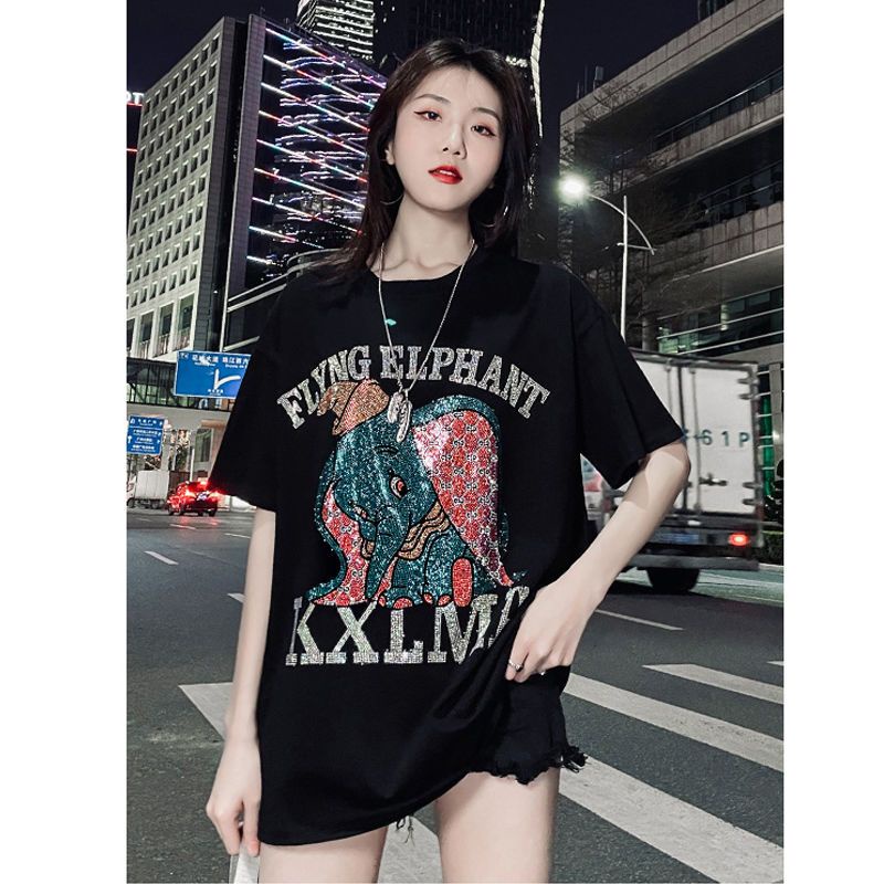 Áo Thun Tay Ngắn Dáng Rộng In Chữ Hoạt Hình Đính Đá Thời Trang Mùa Hè Cho Nữ Từ 2-150kg