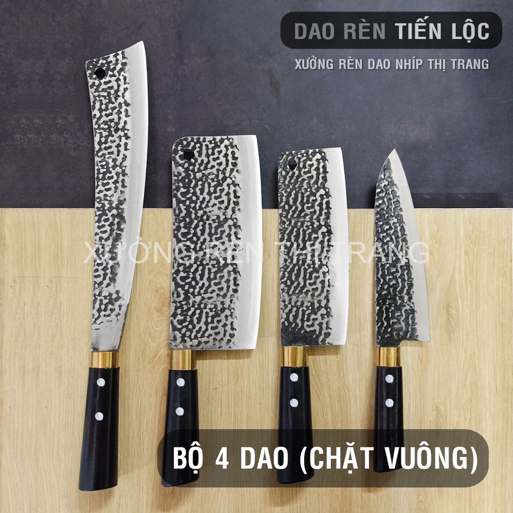 Bộ Dao Nhà Bếp Đa Năng - Rèn Từ Thép Nhíp Dập Vân 2 Mặt, Dùng Chặt Cây, Chặt Xương, Thái Lọc Thịt