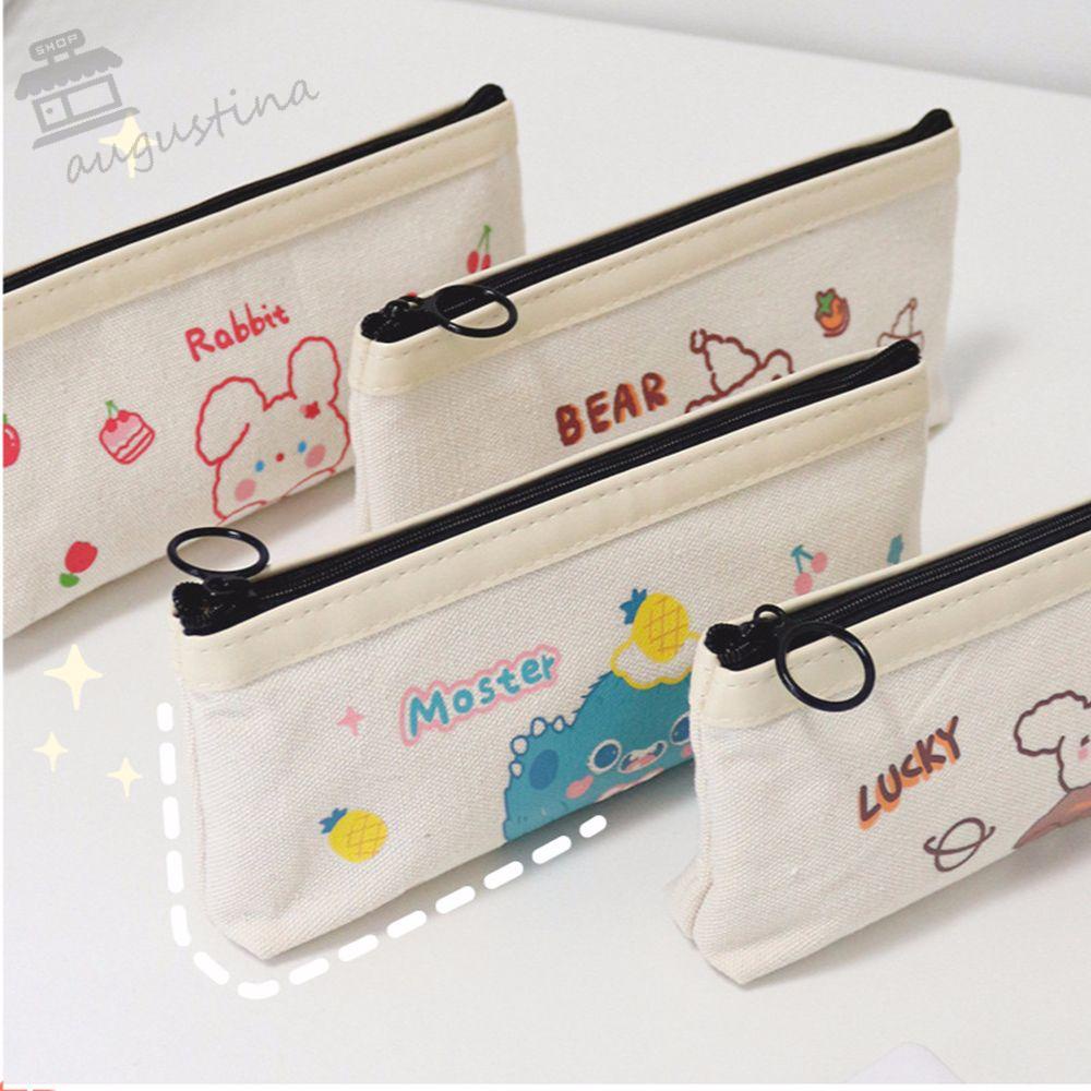 Túi Đựng Bút Bằng Vải Canvas In Hình Gấu Hoạt Hình Vui Nhộn Đơn Giản