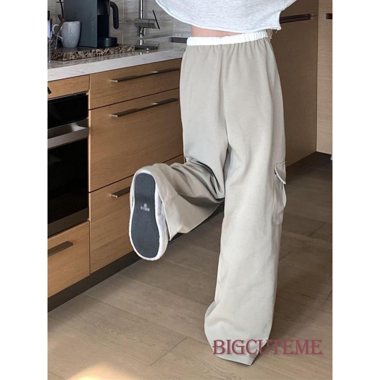 Quần Dài Lưng Thun Dáng Rộng Có Túi Phong Cách Đường Phố Cho Nữ