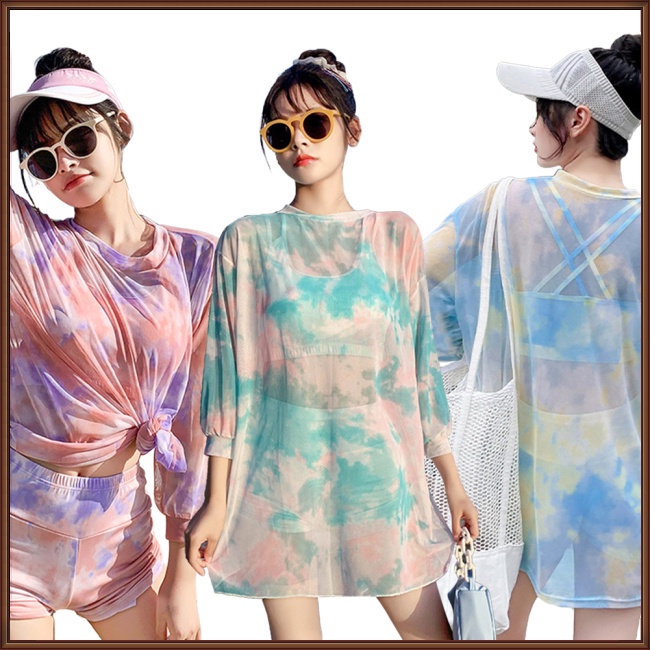 Bộ Bikini 3 Mảnh Áo Tay Dài Chống Nắng Và Quần Short In Họa Tiết Ngọt Ngào Cho Nữ