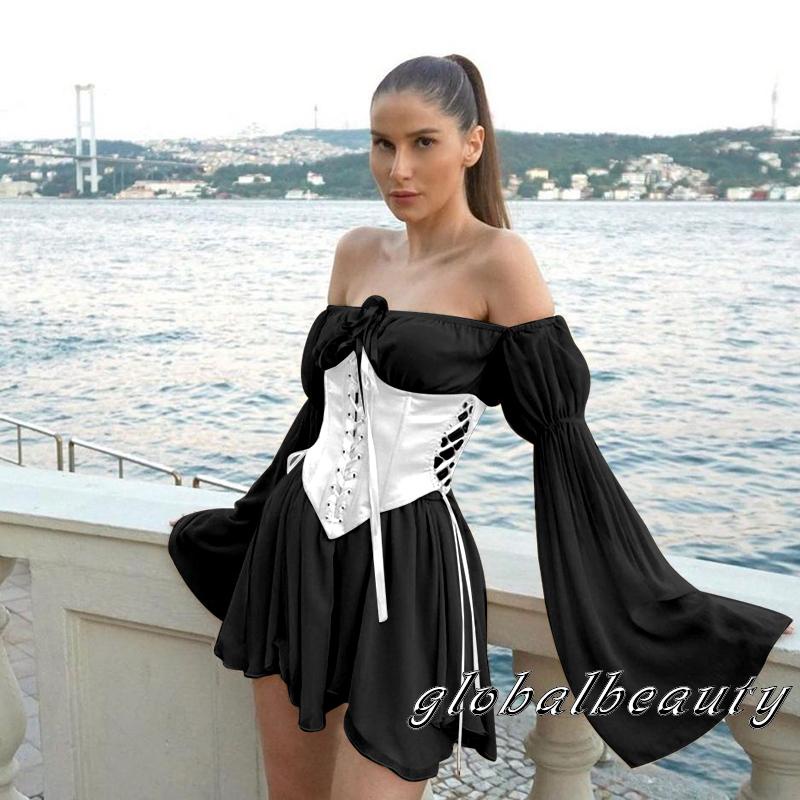 Đầm Tay Dài Cổ Thuyền Màu Trơn Phối Lưới Dáng Rộng Thời Trang Cho Nữ