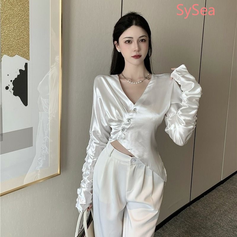 Áo Kiểu Tay Dài Cổ Chữ V Phong Cách Pháp Cho Nữ