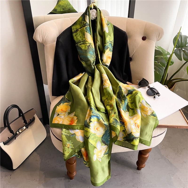 Khăn Choàng Lụa Chống Nắng Dáng Dài Cỡ Lớn 180 * 90CM In Họa Tiết Hoa Sen / Ao Sen Sang Trọng Cho Nữ