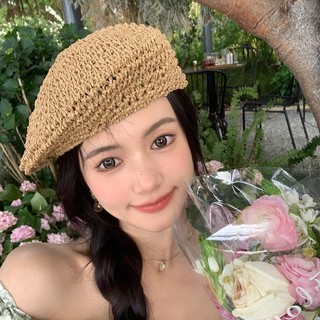 Mũ beret đan rơm màu trơn thời trang cho nữ